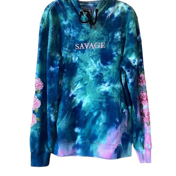Blind Rooster Tops - Blind Rooster Tie Dye Embroidery Savage and Roses Pullover Hoodie Size L